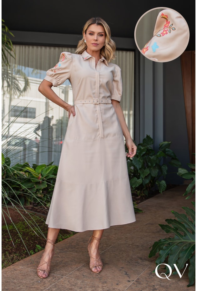 Vestido Chemise Manga Bordada Rose Luzia Fazzolli QVestido Moda