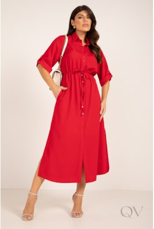 VESTIDO CHEMISE MAXI MIDI COM AMARRAÇÃO EM CREPE VERMELHO - LEKAZIS