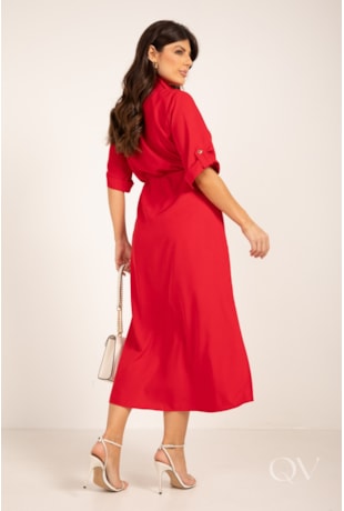 VESTIDO CHEMISE MAXI MIDI COM AMARRAÇÃO EM CREPE VERMELHO - LEKAZIS