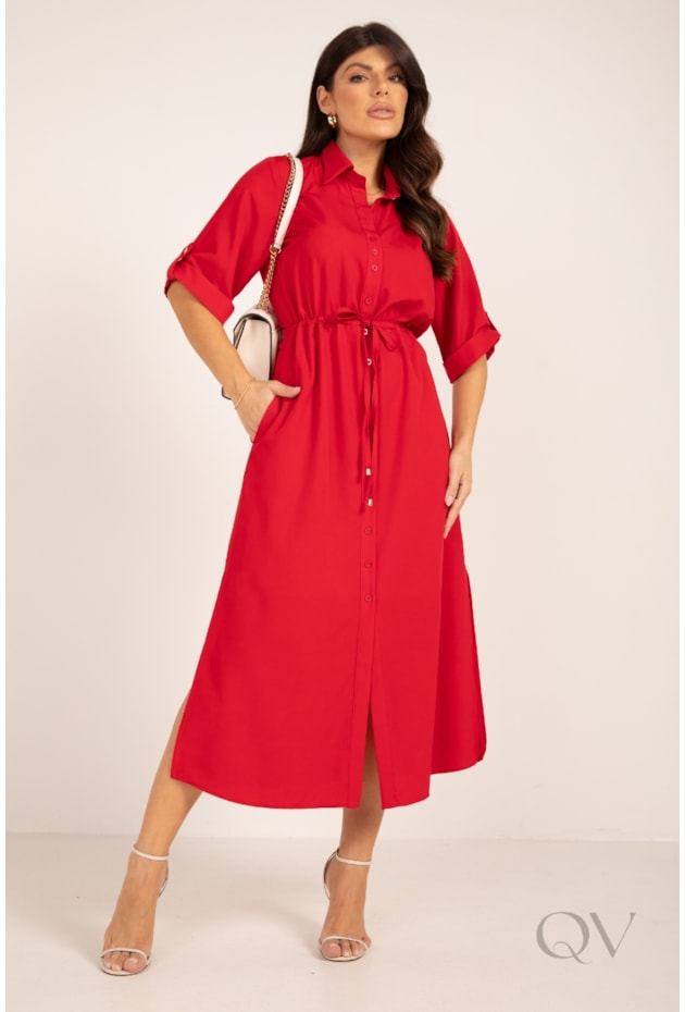 VESTIDO CHEMISE MAXI MIDI COM AMARRAÇÃO EM CREPE VERMELHO - LEKAZIS