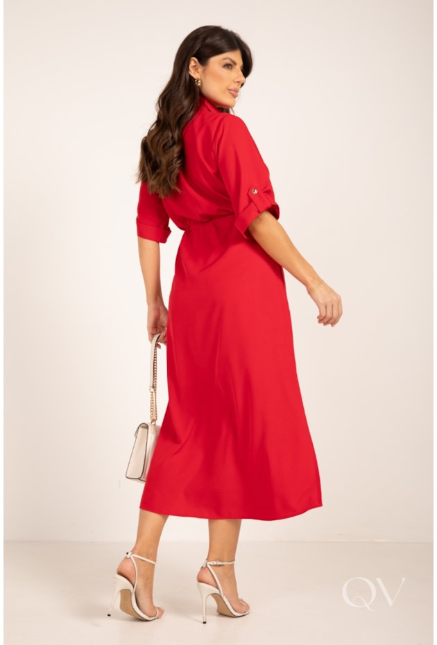 VESTIDO CHEMISE MAXI MIDI COM AMARRAÇÃO EM CREPE VERMELHO - LEKAZIS