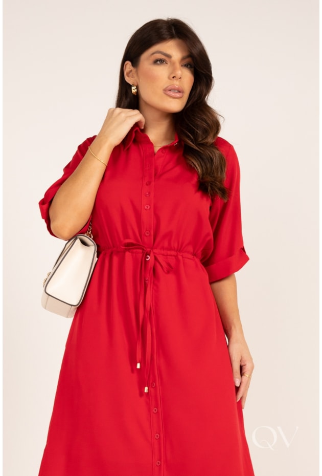 VESTIDO CHEMISE MAXI MIDI COM AMARRAÇÃO EM CREPE VERMELHO - LEKAZIS