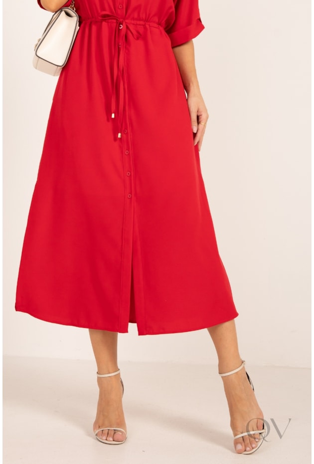 VESTIDO CHEMISE MAXI MIDI COM AMARRAÇÃO EM CREPE VERMELHO - LEKAZIS