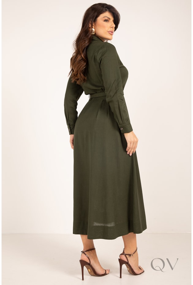 VESTIDO CHEMISE MAXI MIDI COM PREGAS EM VISCOLINHO VERDE MILITAR - LEKAZIS