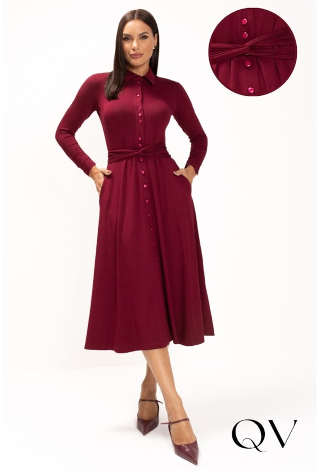 VESTIDO CHEMISE MAXI MIDI EM MALHA BORDÔ - LEKAZIS