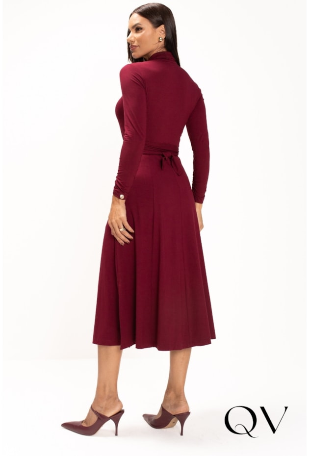 VESTIDO CHEMISE MAXI MIDI EM MALHA BORDÔ - LEKAZIS