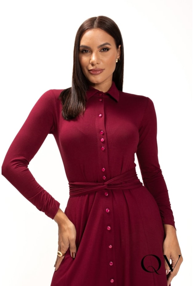 VESTIDO CHEMISE MAXI MIDI EM MALHA BORDÔ - LEKAZIS