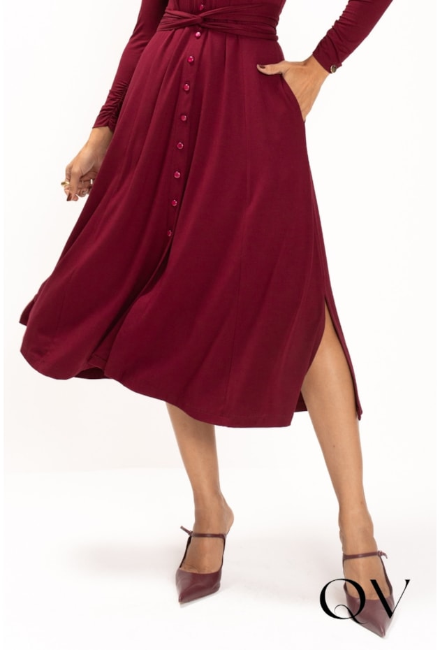 VESTIDO CHEMISE MAXI MIDI EM MALHA BORDÔ - LEKAZIS