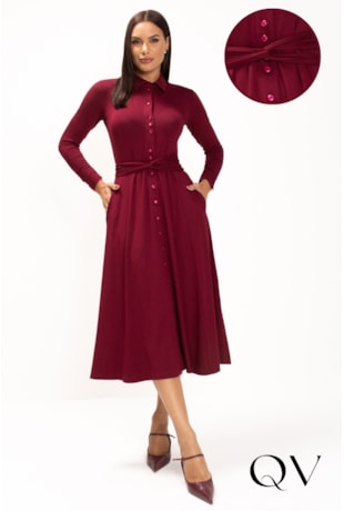 VESTIDO CHEMISE MAXI MIDI EM MALHA BORDÔ - LEKAZIS