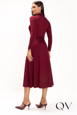 VESTIDO CHEMISE MAXI MIDI EM MALHA BORDÔ - LEKAZIS