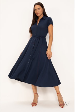 VESTIDO CHEMISE MAXI MIDI EM MALHA MARINHO COM PESPONTOS - LEKAZIS