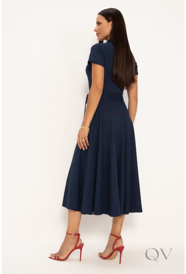 VESTIDO CHEMISE MAXI MIDI EM MALHA MARINHO COM PESPONTOS - LEKAZIS