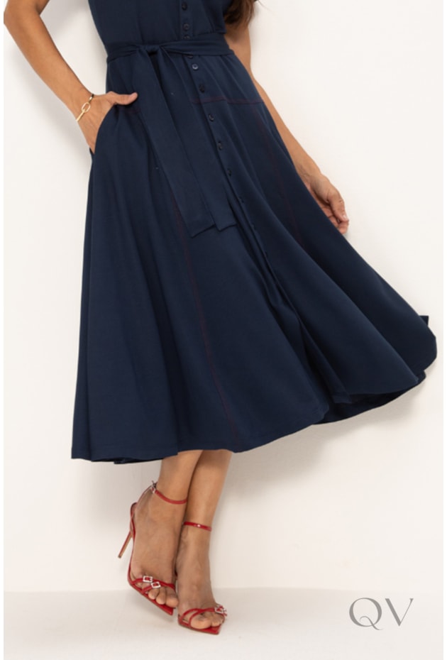 VESTIDO CHEMISE MAXI MIDI EM MALHA MARINHO COM PESPONTOS - LEKAZIS