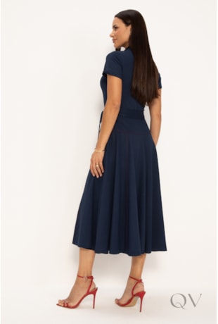 VESTIDO CHEMISE MAXI MIDI EM MALHA MARINHO COM PESPONTOS - LEKAZIS