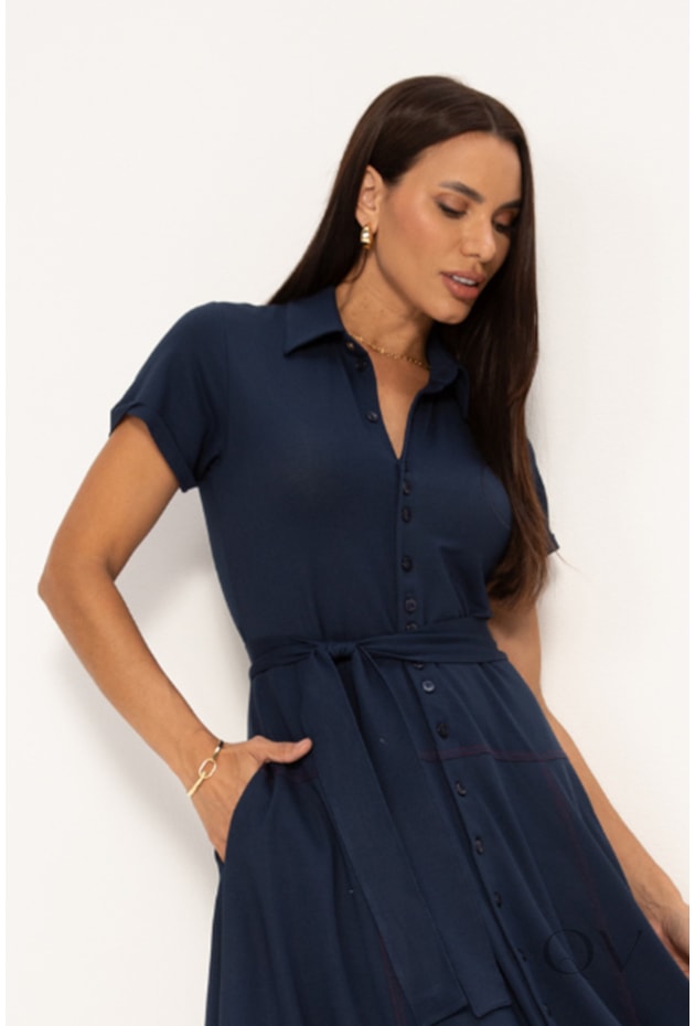 VESTIDO CHEMISE MAXI MIDI EM MALHA MARINHO COM PESPONTOS - LEKAZIS