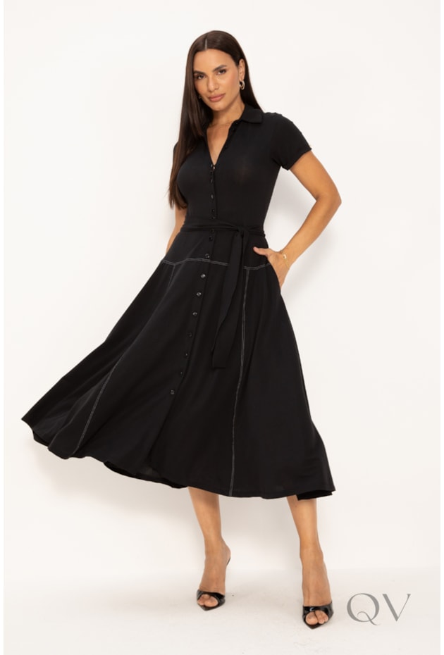 VESTIDO CHEMISE MAXI MIDI EM MALHA PRETO COM PESPONTOS - LEKAZIS