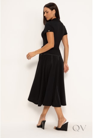 VESTIDO CHEMISE MAXI MIDI EM MALHA PRETO COM PESPONTOS - LEKAZIS