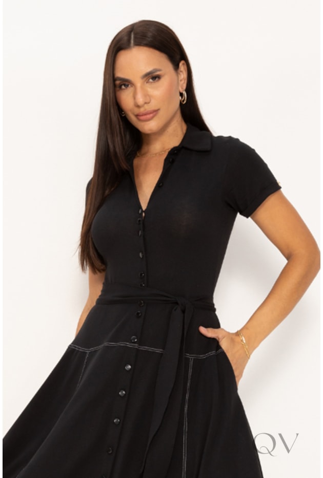 VESTIDO CHEMISE MAXI MIDI EM MALHA PRETO COM PESPONTOS - LEKAZIS