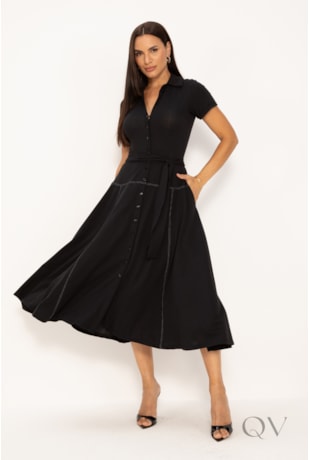 VESTIDO CHEMISE MAXI MIDI EM MALHA PRETO COM PESPONTOS - LEKAZIS