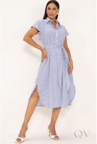 VESTIDO CHEMISE MAXI MIDI EM TRICOLINE LISTRADO MARITIMO - LEKAZIS
