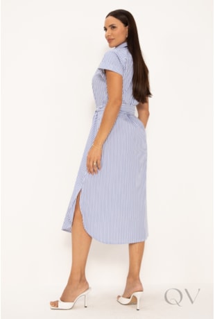 VESTIDO CHEMISE MAXI MIDI EM TRICOLINE LISTRADO MARITIMO - LEKAZIS