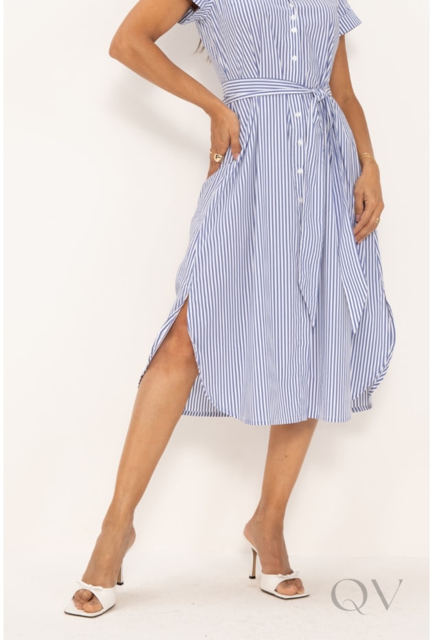 VESTIDO CHEMISE MAXI MIDI EM TRICOLINE LISTRADO MARITIMO - LEKAZIS