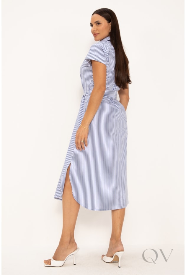 VESTIDO CHEMISE MAXI MIDI EM TRICOLINE LISTRADO MARITIMO - LEKAZIS