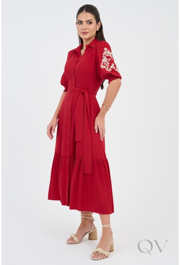 VESTIDO CHEMISE MIDI BORDADO NA MANGA EM VISCOSE VERMELHO - VIA TOLENTINO