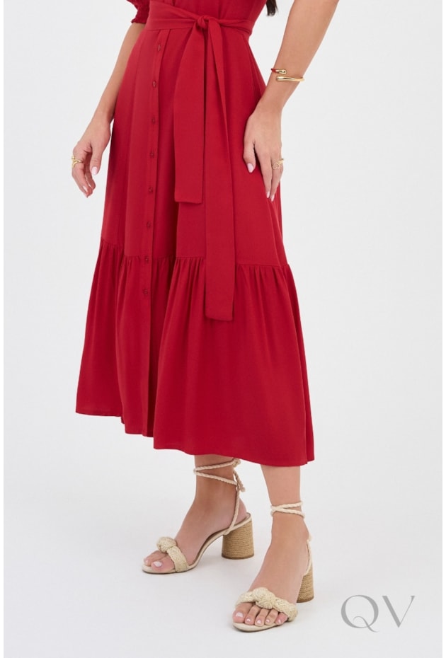 VESTIDO CHEMISE MIDI BORDADO NA MANGA EM VISCOSE VERMELHO - VIA TOLENTINO