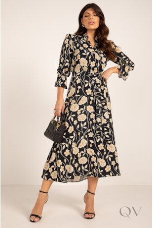 VESTIDO CHEMISE MIDI COM MANGA ¾ EM VISCOSE FLORAL PRETO - LEKAZIS