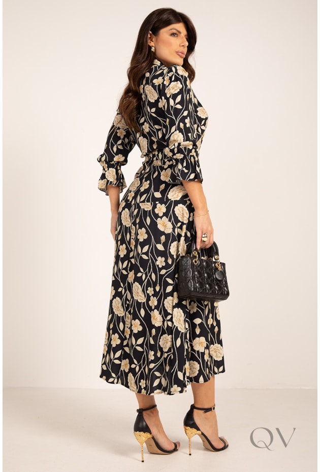 VESTIDO CHEMISE MIDI COM MANGA ¾ EM VISCOSE FLORAL PRETO - LEKAZIS