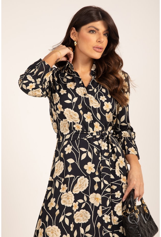 VESTIDO CHEMISE MIDI COM MANGA ¾ EM VISCOSE FLORAL PRETO - LEKAZIS