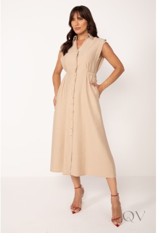 VESTIDO CHEMISE MIDI COM PALA EM ALFAIATARIA NUDE - LEKAZIS