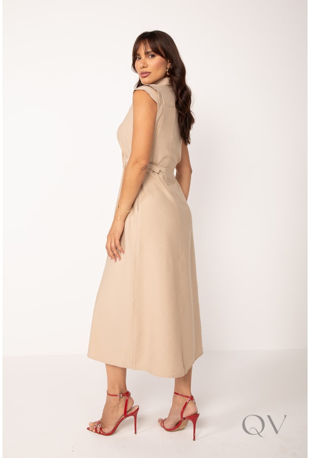 VESTIDO CHEMISE MIDI COM PALA EM ALFAIATARIA NUDE - LEKAZIS