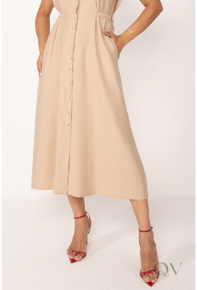 VESTIDO CHEMISE MIDI COM PALA EM ALFAIATARIA NUDE - LEKAZIS