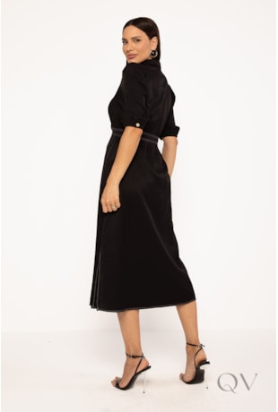 VESTIDO CHEMISE MIDI COM PESPONTO EM ALFAIATARIA PRETO - LEKAZIS