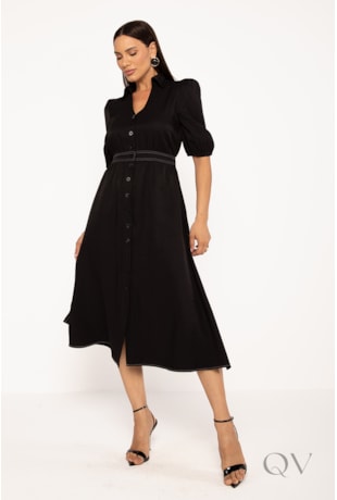 VESTIDO CHEMISE MIDI COM PESPONTO EM ALFAIATARIA PRETO - LEKAZIS