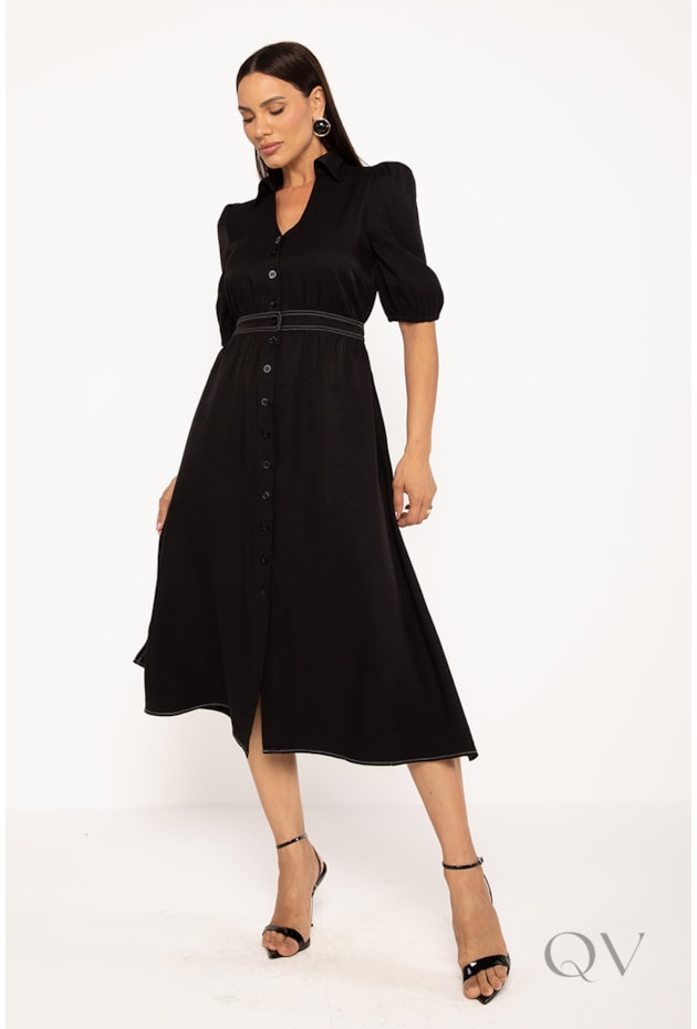 VESTIDO CHEMISE MIDI COM PESPONTO EM ALFAIATARIA PRETO - LEKAZIS