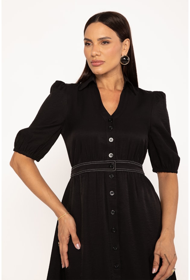 VESTIDO CHEMISE MIDI COM PESPONTO EM ALFAIATARIA PRETO - LEKAZIS