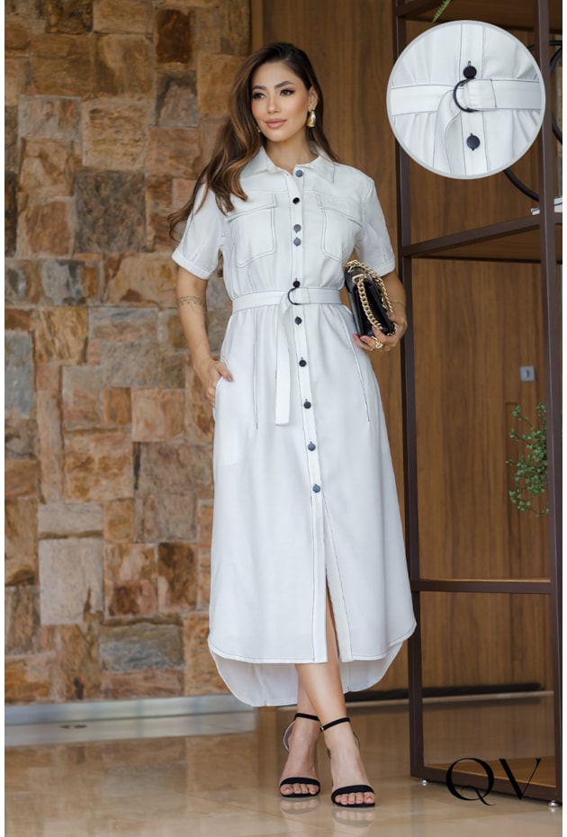 Vestido Chemise Midi Em Alfaiataria Off White Luzia Fazzolli