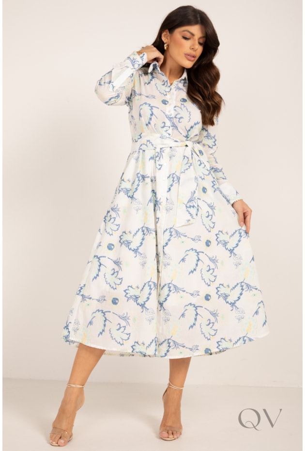 VESTIDO CHEMISE MIDI EM CAMBRAIA BORDADA FLORAL OFF WHITE - LEKAZIS