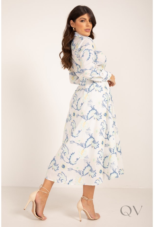 VESTIDO CHEMISE MIDI EM CAMBRAIA BORDADA FLORAL OFF WHITE - LEKAZIS