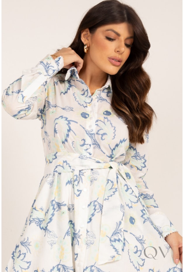 VESTIDO CHEMISE MIDI EM CAMBRAIA BORDADA FLORAL OFF WHITE - LEKAZIS