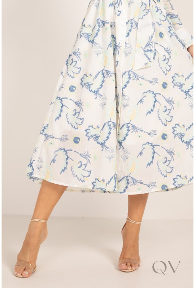 VESTIDO CHEMISE MIDI EM CAMBRAIA BORDADA FLORAL OFF WHITE - LEKAZIS