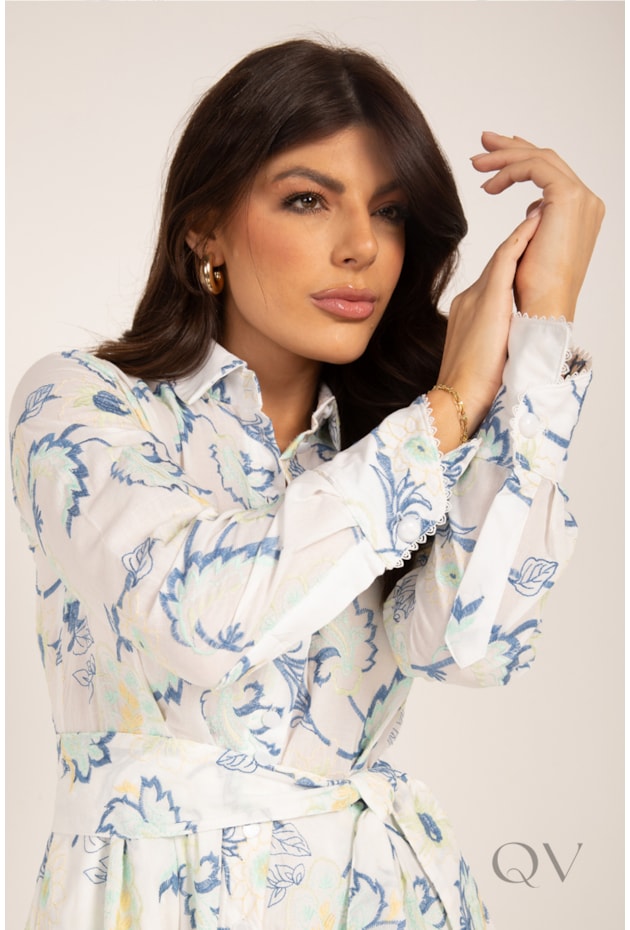 VESTIDO CHEMISE MIDI EM CAMBRAIA BORDADA FLORAL OFF WHITE - LEKAZIS