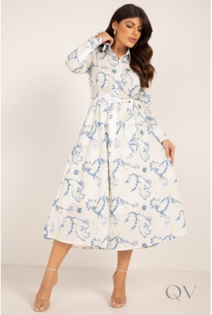 VESTIDO CHEMISE MIDI EM CAMBRAIA BORDADA FLORAL OFF WHITE - LEKAZIS