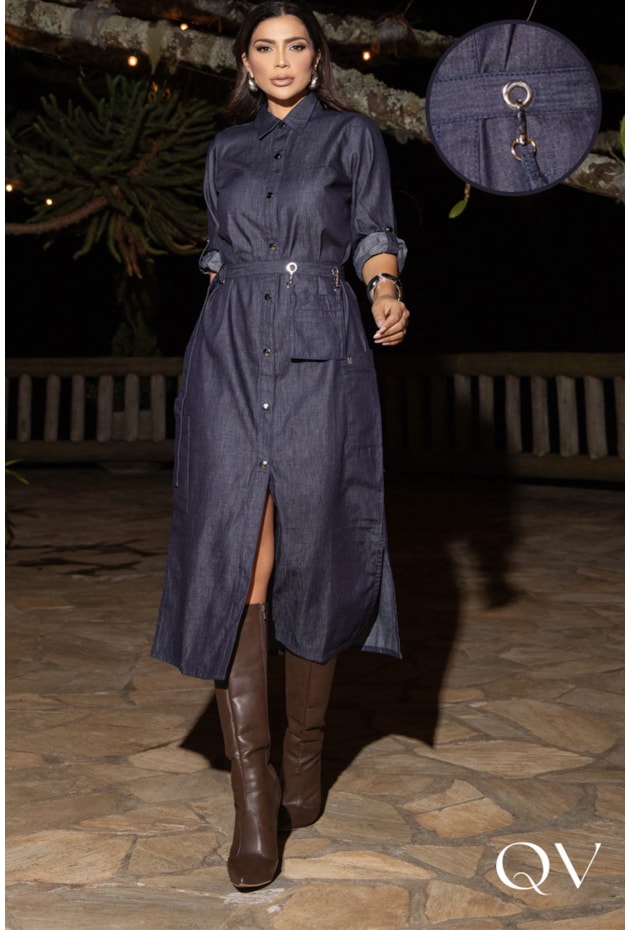 VESTIDO CHEMISE MIDI EM DENIM AZUL ESCURO - LUZIA FAZZOLLI