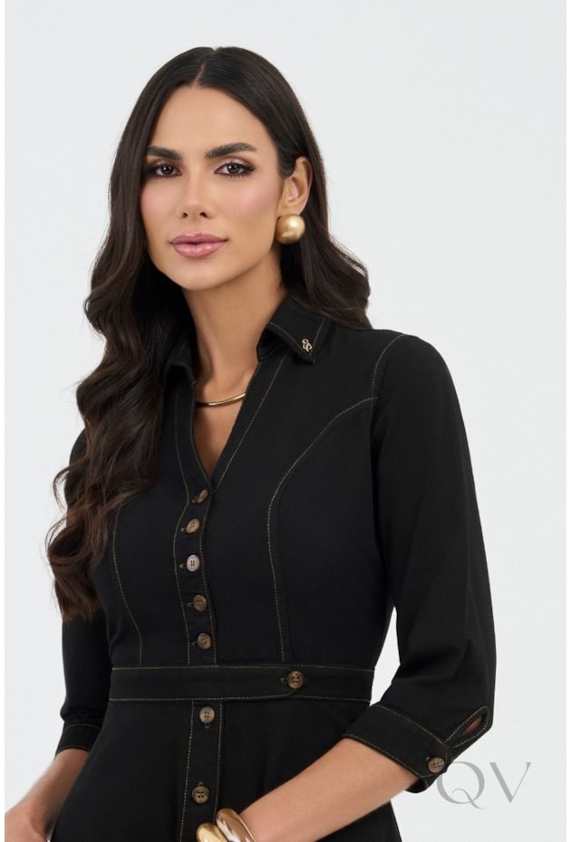 VESTIDO CHEMISE MIDI EM JEANS BLACK - VIA TOLENTINO