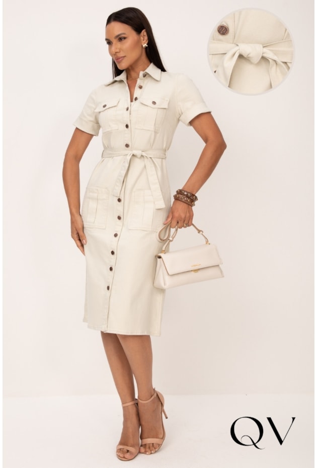 VESTIDO CHEMISE MIDI EM JEANS COLOR NATURAL - LEKAZIS