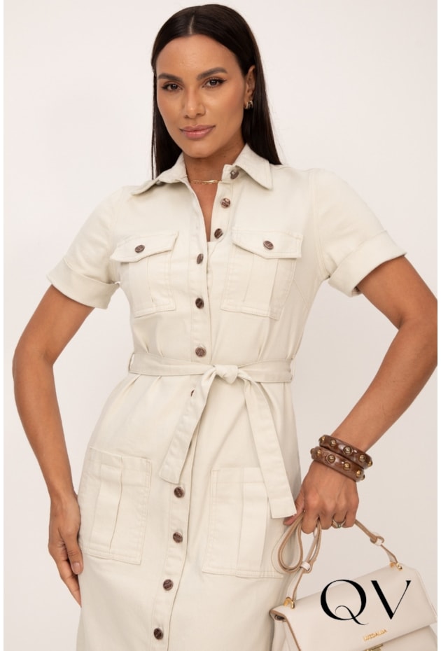 VESTIDO CHEMISE MIDI EM JEANS COLOR NATURAL - LEKAZIS